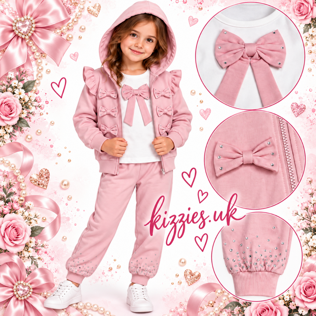 Georgio Bambini girls pink three-piece tracksuit with ruffle details, bow embellishments, and rhinestone accents. The set includes a hooded zip-up jacket and matching jogger pants.