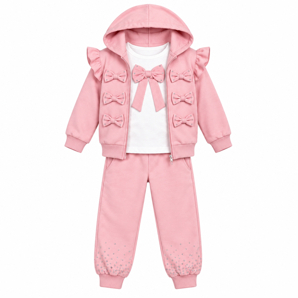 Georgio Bambini girls pink three-piece tracksuit with ruffle details, bow embellishments, and rhinestone accents. The set includes a hooded zip-up jacket and matching jogger pants.