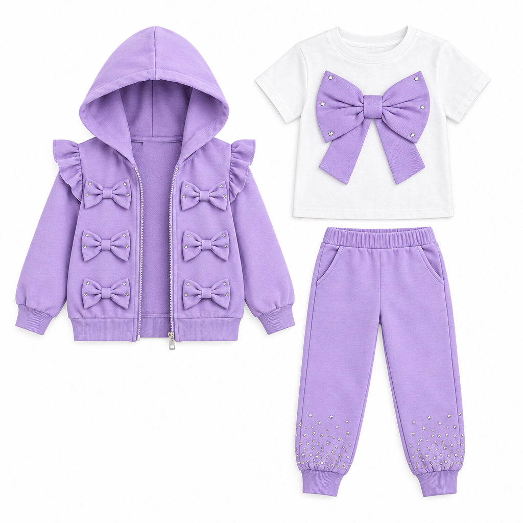 Georgio Bambini girls pink three-piece tracksuit with ruffle details, bow embellishments, and rhinestone accents. The set includes a hooded zip-up jacket and matching jogger pants.