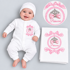Baby Girls Princess Romper, Hat & Blanket Set