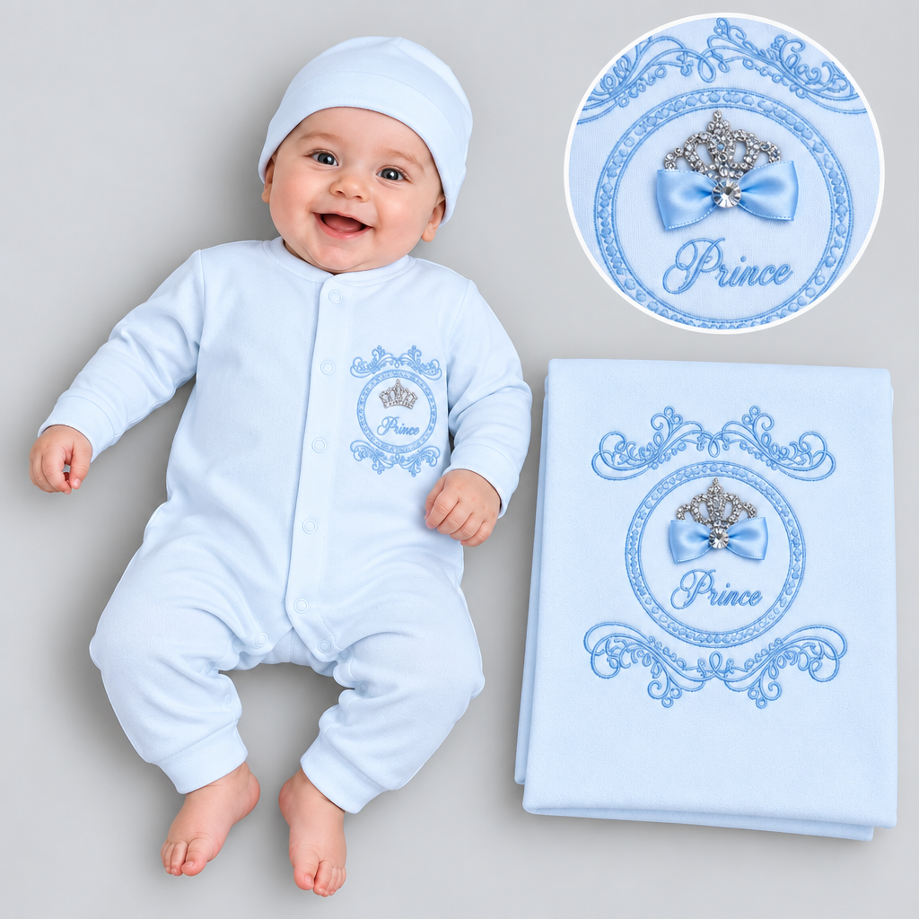 Baby boys wearing a light blue long-sleeve romper and matching beanie with matching blanket. The sleeper and blanket have a blue ornate crest with a crown, bow, and the word 'Prince'.