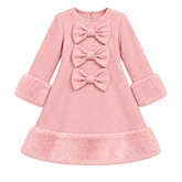 Girls Pink diamante dress featuring three decorative diamante bows with faux fur trims adds elegance for a charming, party-ready look. Perfect for special occasions with a touch of glamour.
