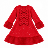 Girls Red diamante dress featuring three decorative diamante bows with faux fur trims adds elegance for a charming, party-ready look. Perfect for special occasions with a touch of glamour.