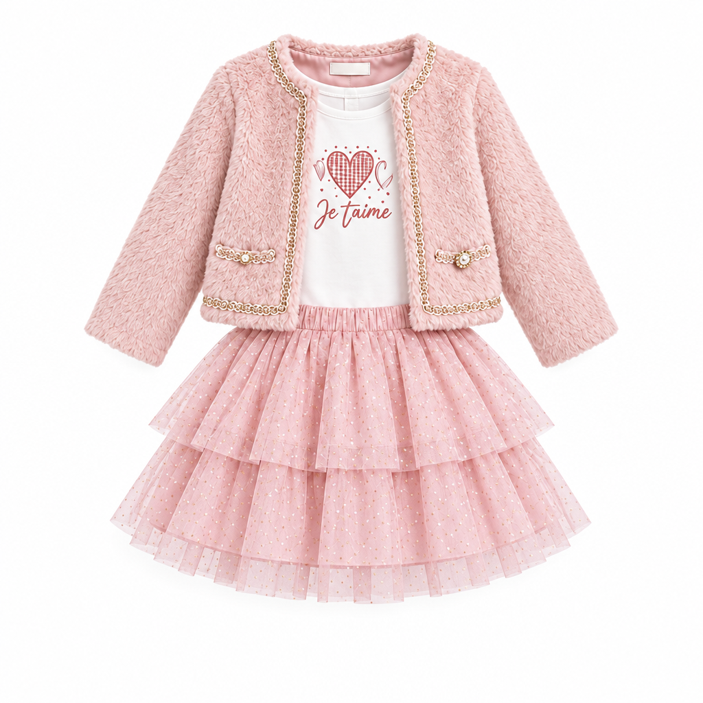 A beautiful two-piece set perfect for little ones wih a little sparkle. The soft, cosy fur jacket pairs beautifully with a dress featuring a shimmering sequined heart design. Soft pink tones create a coordinated, elegant look.