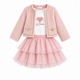 A beautiful two-piece set perfect for little ones wih a little sparkle. The soft, cosy fur jacket pairs beautifully with a dress featuring a shimmering sequined heart design. Soft pink tones create a coordinated, elegant look.