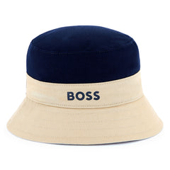 BOSS Kids Reversible hat. Bucket hat in cotton twill. Branded print on front.