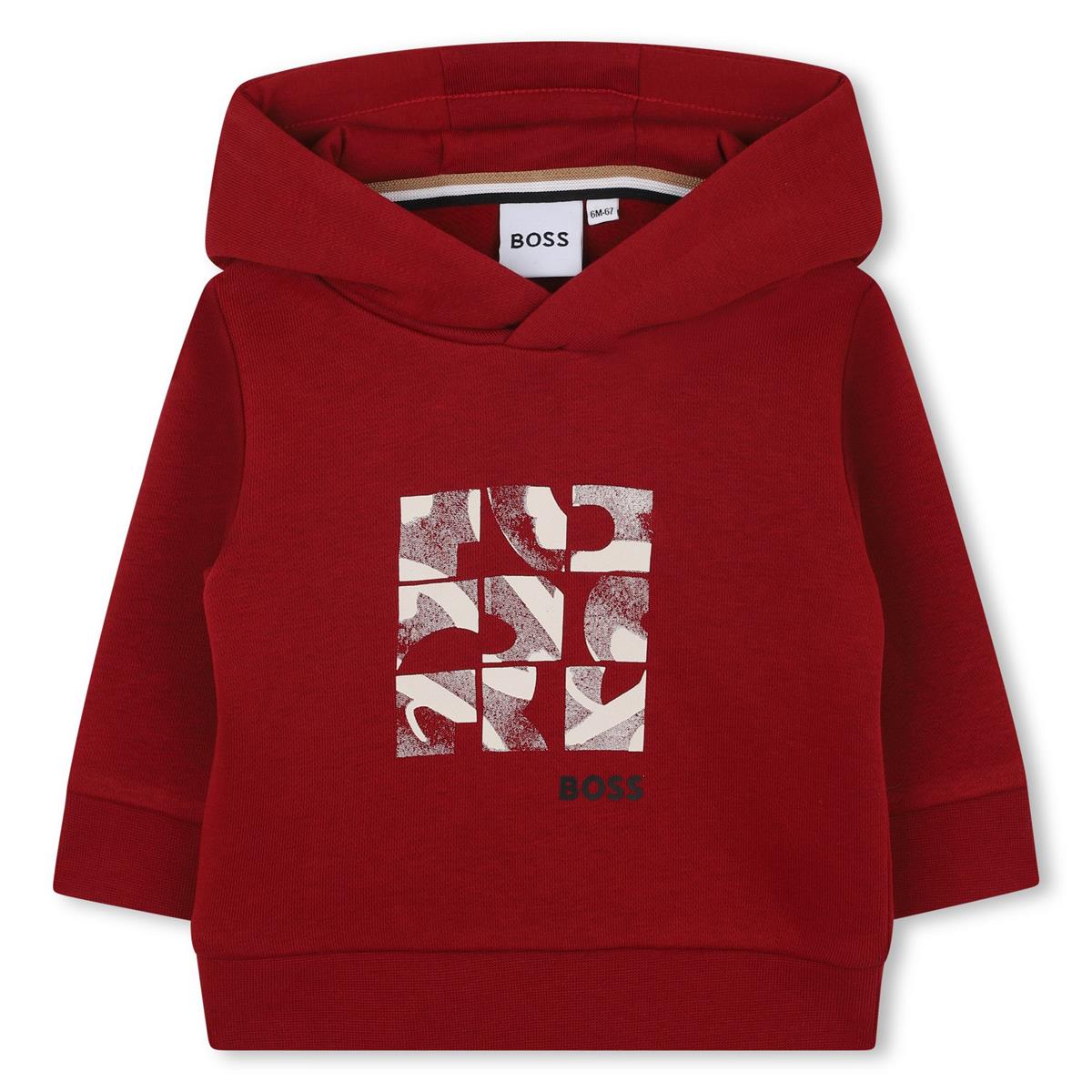 BOSS Kids Hooded sweatshirt in brushed cotton polyester fleece, fancy illustration and BOSS logo printed on the front, woven logo label on the side.