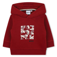 BOSS Kids Hooded sweatshirt in brushed cotton polyester fleece, fancy illustration and BOSS logo printed on the front, woven logo label on the side.