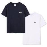BOSS Kids Set of two 100% soft cotton jersey T-shirts, "BOSS" logo printed on the chest. SLIM FIT. Navy/White