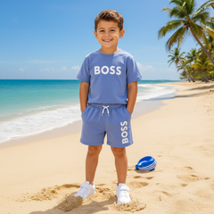 BOSS Kids T-shirt in 100% cotton jersey, "BOSS" print on front, paired with surfer swim shorts with elasticated waistband and drawcord