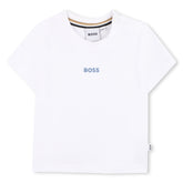 BOSS Baby Boys Short-sleeved T-shirt in cotton-elastane piqué. Small BOSS logo centered on chest. BOSS reaper. BOSS color gradient graphic on back. White