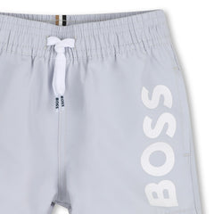 BOSS Baby Boys Permanent surfer with seasonal colors. Elasticated waistband and drawcord. Large horizontal BOSS logo. Pale Blue
