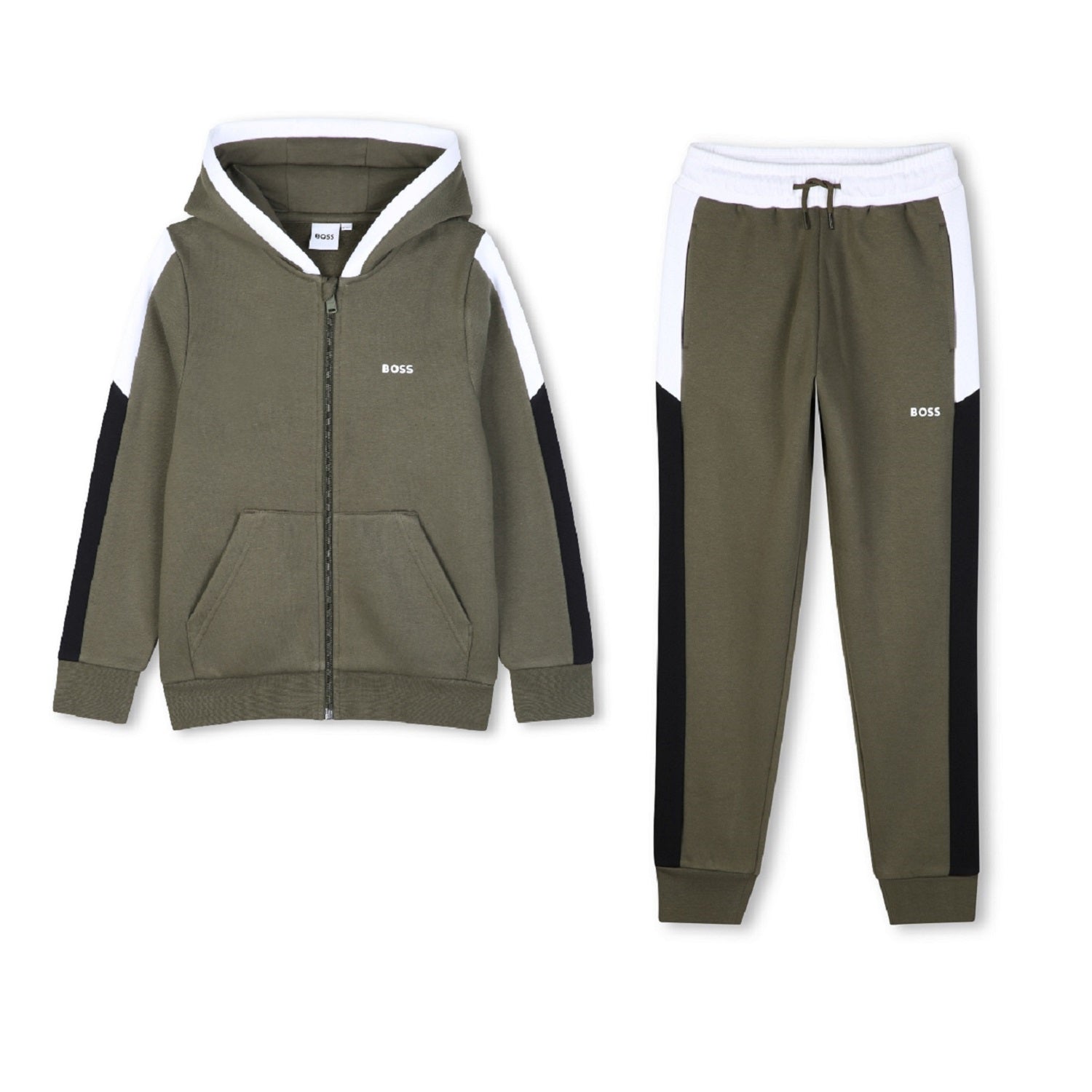 Hooded jogging cardigan in brushed fleece with color blocks. Zip closure with pockets. BOSS logo on chest. BOSS reef on side. Jogging pants in brushed fleece with color blocks. Elasticated waistband with drawcord. 2 side pockets. Printed BOSS logo under pocket. BOSS reef on back waistband. TAPERED FIT
