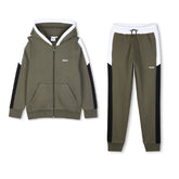Hooded jogging cardigan in brushed fleece with color blocks. Zip closure with pockets. BOSS logo on chest. BOSS reef on side. Jogging pants in brushed fleece with color blocks. Elasticated waistband with drawcord. 2 side pockets. Printed BOSS logo under pocket. BOSS reef on back waistband. TAPERED FIT