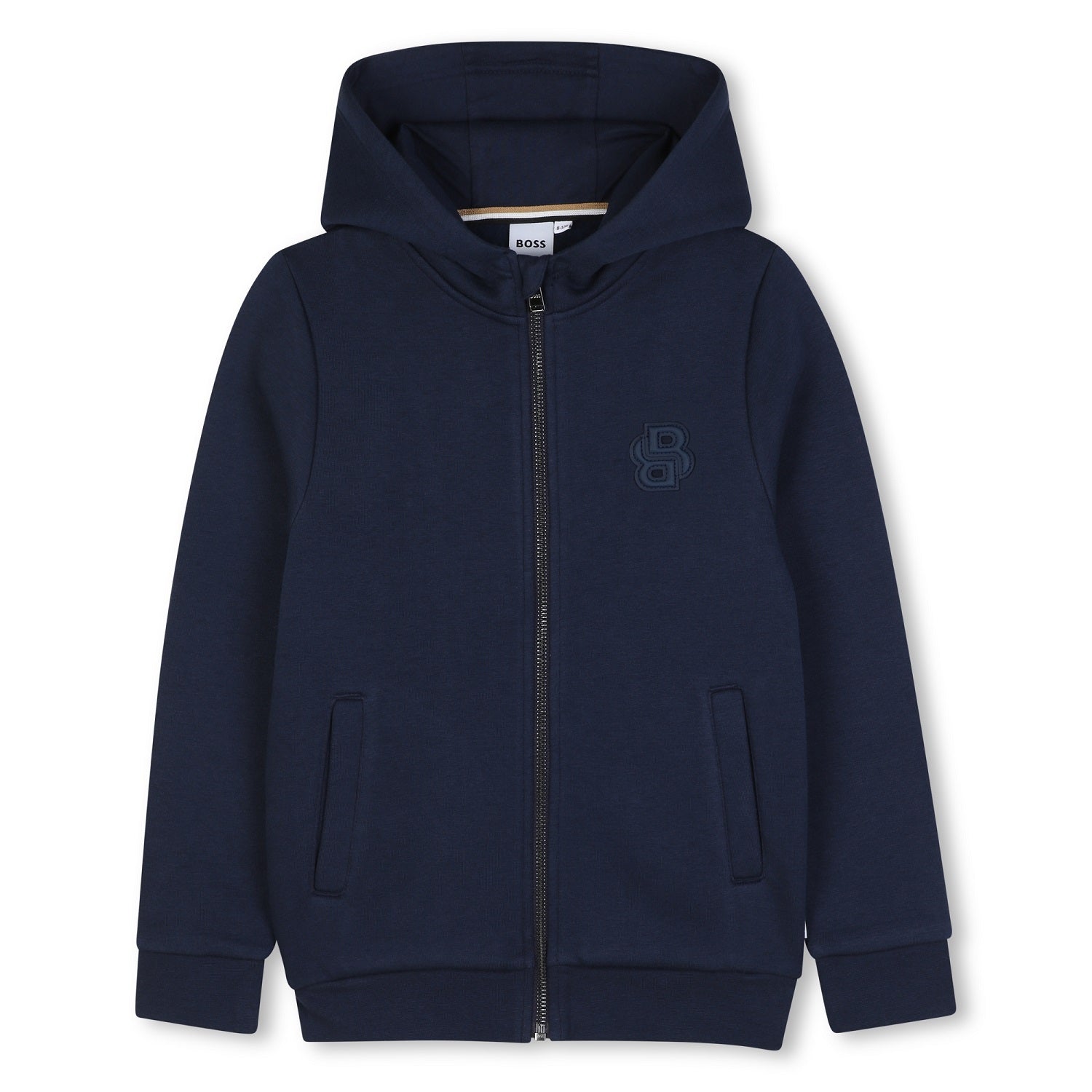 Brushed fleece hooded jogging cardigan. Zip closure. Double B fake leather badge on the chest. Navy
