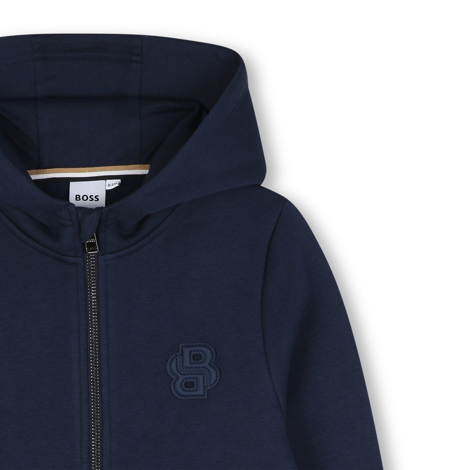 Brushed fleece hooded jogging cardigan. Zip closure. Double B fake leather badge on the chest. LARGE FIT. Navy