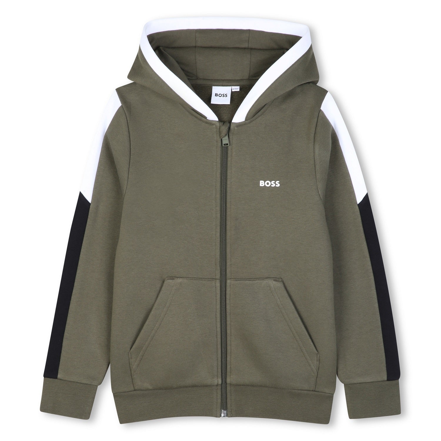 Hooded jogging cardigan in brushed fleece with color blocks. Zip closure with pockets. BOSS logo on chest. BOSS reef on side.