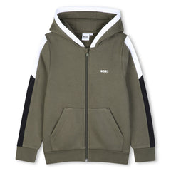 Hooded jogging cardigan in brushed fleece with color blocks. Zip closure with pockets. BOSS logo on chest. BOSS reef on side.