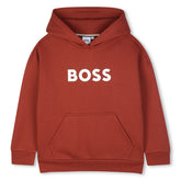 Hooded sweatshirt in fleece, cotton, polyester. Large BOSS logo centered on chest. Front pocket. LOOSE FIT. Crimson