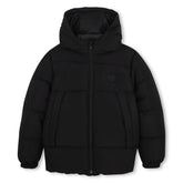Hooded puffer jacket made primarily from recycled polyester. Zip closure. Tone-on-tone BOSS badge on the chest. Two storm pockets at the front. Elasticated cuffs. Black