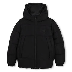 Hooded puffer jacket made primarily from recycled polyester. Zip closure. Tone-on-tone BOSS badge on the chest. Two storm pockets at the front. Elasticated cuffs. Black