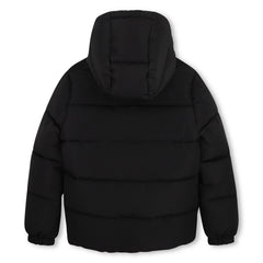 Hooded puffer jacket made primarily from recycled polyester. Zip closure. Tone-on-tone BOSS badge on the chest. Two storm pockets at the front. Elasticated cuffs. Black