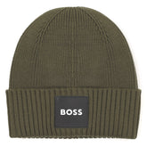 BOSS Kids Knit beanie with branded badge. Olive Night