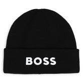 BOSS Kids Knit beanie in double layer. Branded spike print. Black