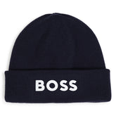 BOSS Kids Knit beanie in double layer. Branded spike print. Navy