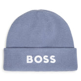 BOSS Kids Knit beanie in double layer. Branded spike print. Lavender Blue