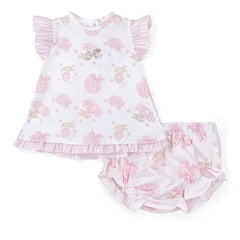 LITTLE A Hydrangea A-line print dress with contrast seersucker stripe back insert, frills and bow detail featuring diamante branding on front.