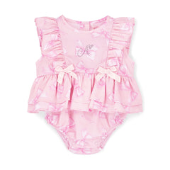 LITTLE A Perfectly Pink. The Odessa romper is made with cute all over bow print poplin, finished with frill and bow details finished with diamante branding. Pink Blossom