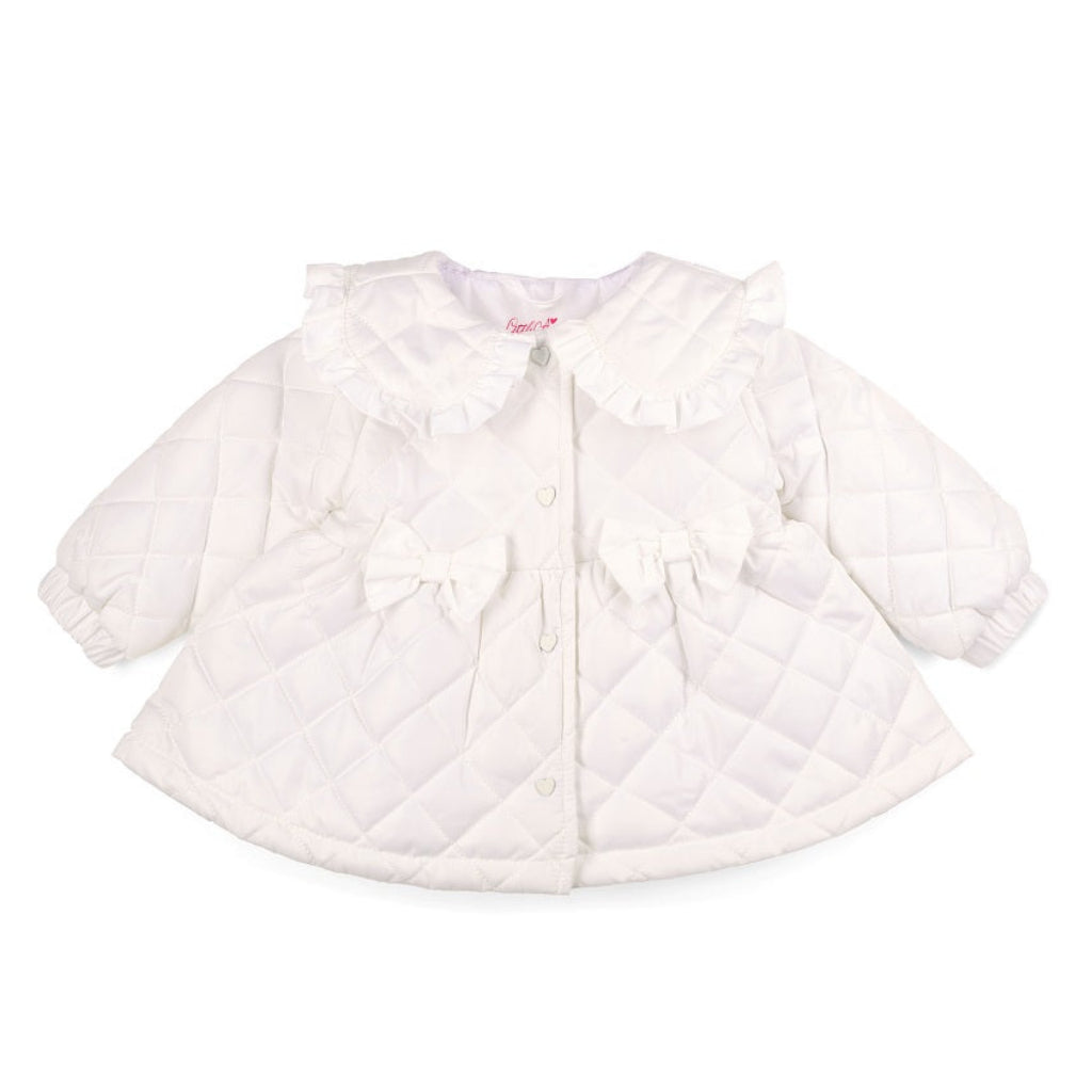 LITTLE A Cutie Frutti. The Penelope quilted jacket featurestwo beautiful applique bows, a pretty frilled collar and button up style.