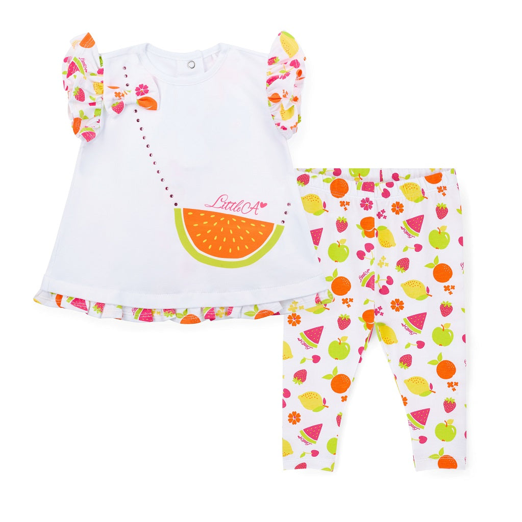LITTLE A Cutie Frutti. The Palmer Legging Set is perfect for sunny days. The top features a stylish handbag design with sparkling diamante details and a beautiful fruit print on the frill sleeves and back insert