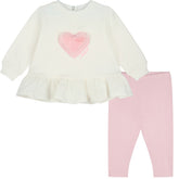 LITTLE A by ADee Little Bloom theme. The Demi legging set features a long sleeve jumper top with a sweet heart detail and peplum frill hem, paired with soft leggings finished with a subtle motif