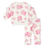 LITTLE A Dakota tracksuit features an all-over rose print, a cosy long sleeve sweatshirt, and matching leggings. Finished with soft ribbed trims for a comfy and coordinated look.