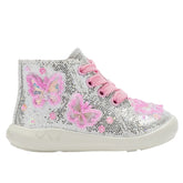 LELLI KELLY Sylvie Hi Top Boots bring enchanting style to little feet. These silver glitter boots feature a striking butterfly design with beaded floral accents across the front and sides, creating a magical sparkle with every step.