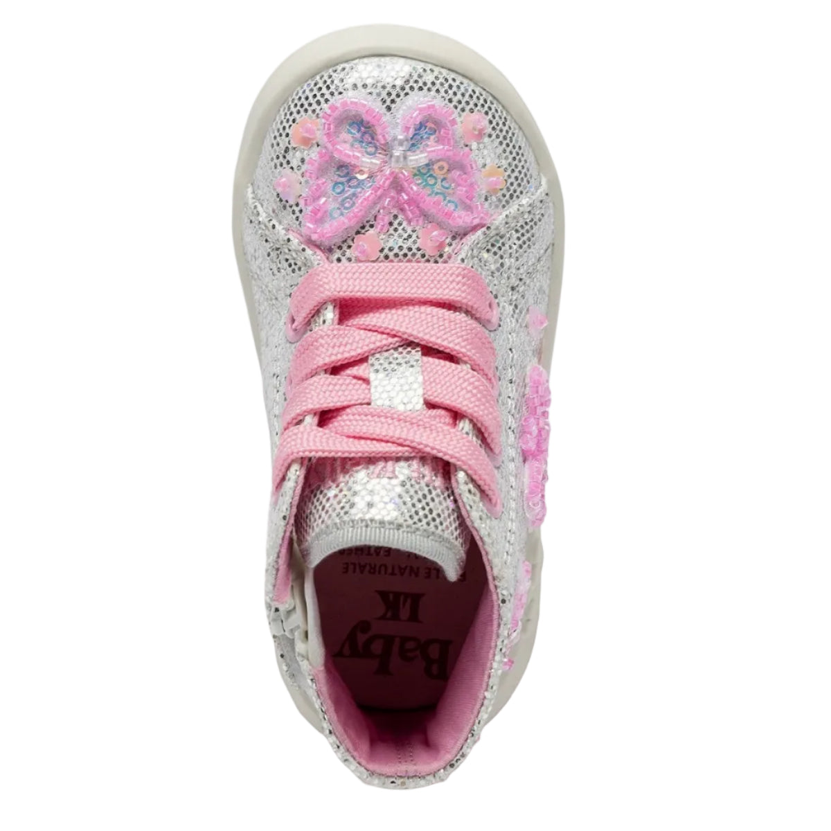 LELLI KELLY Sylvie Hi Top Boots bring enchanting style to little feet. These silver glitter boots feature a striking butterfly design with beaded floral accents across the front and sides, creating a magical sparkle with every step.