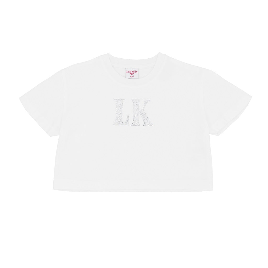 LELLI KELLY Alex white top featuring a dazzling eye-catching diamante logo t-shirt that adds instant sparkle. Crafted for comfort and style.