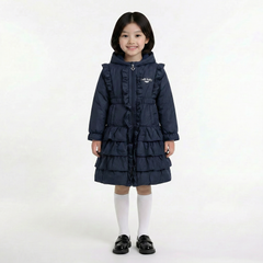 LELLI KELLY Bella Navy Hooded Frill Coat in, featuring a charming heart charm zip and signature LELLI KELLY logo on the front