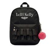 Black backpack with ruffled design and pink pom-pom, featuring 'LELLI KELLY' branding.