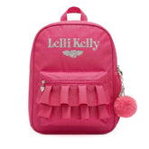 Britanny Pink backpack with ruffled design and pink pom-pom, featuring 'LELLI KELLY' branding.