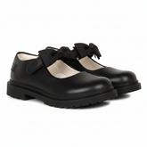 LELLI KELLY New Style Maisie Black Leather Shoes. A large black material fixed bow sits on the adjustable strap and the sole is chunkier
