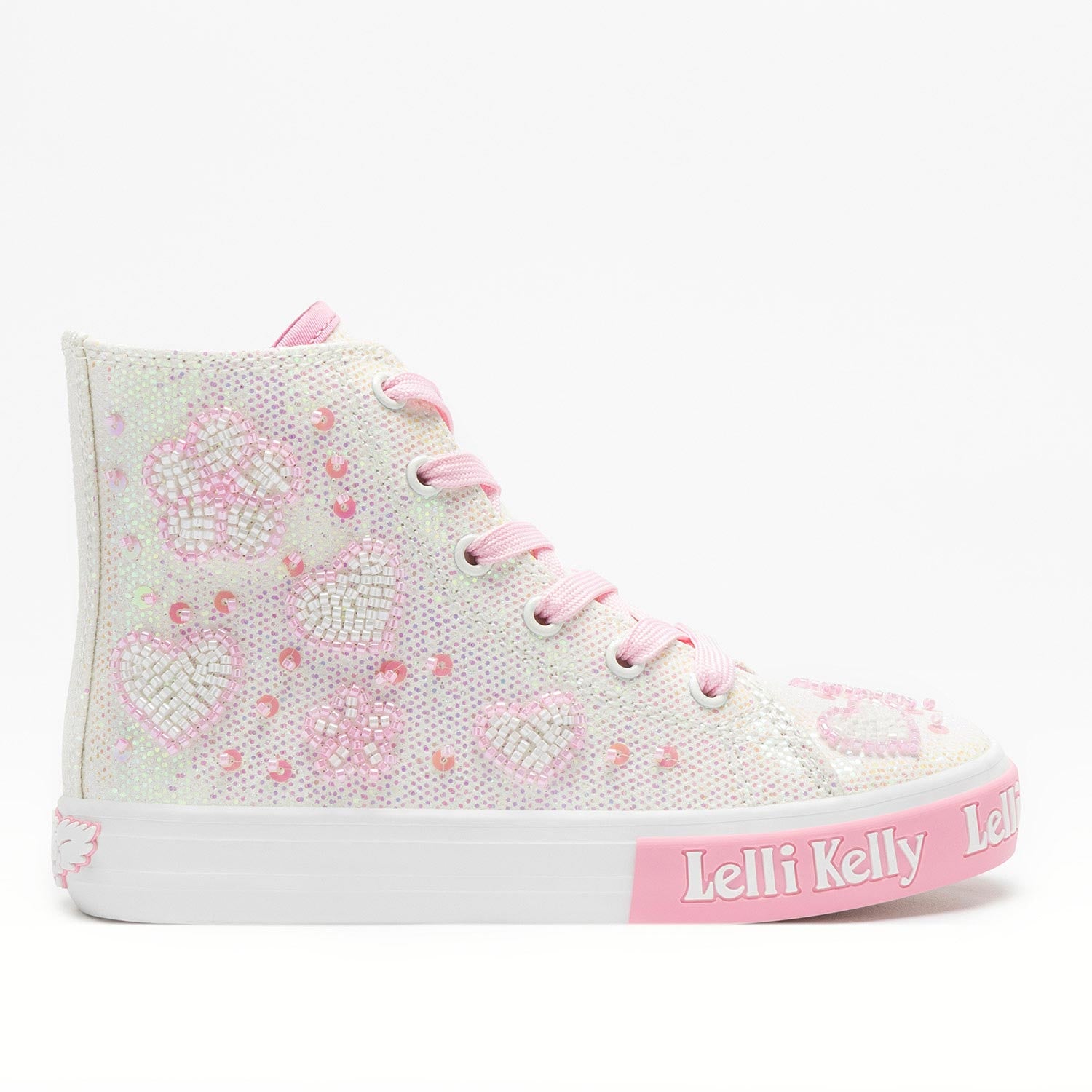 High-top sneaker with floral pattern and pink accents on a white background, featuring the brand 'Lelli Kelly'. High-top sneaker with floral pattern and pink accents on a white background, featuring the brand 'Lelli Kelly'.