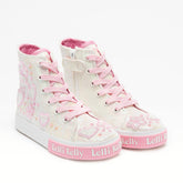 Pair of white high-top sneakers with pink accents and 'Lelli Kelly' branding on a white background.