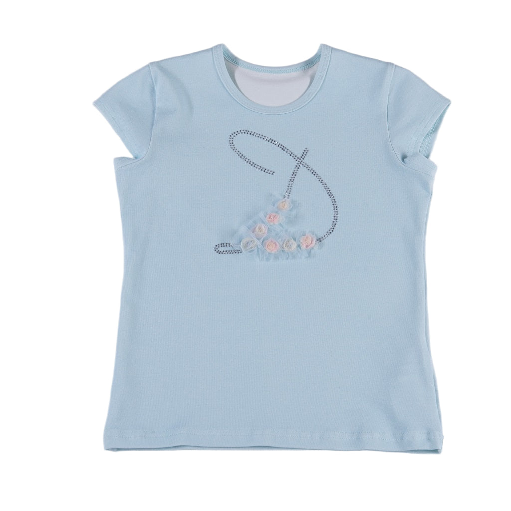 A blue short-sleeved DAGA brand t-shirt with embroidered letter 'D' and small raised felt floral details.
