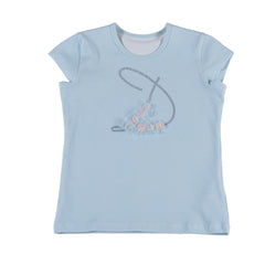 A blue short-sleeved DAGA brand t-shirt with embroidered letter 'D' and small raised felt floral details.