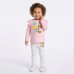 Moschino long sleeved top with teddy bear print with balloons on the front, long sleeves, press-stud fastening on the shoulders, ruched armholes.
