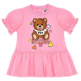 SS24 Moschino Baby girls teddy and heart print dress. Sweet Pink