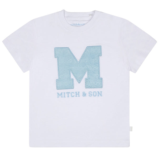 MITCH & SON Sandy Shores Jersey t-shirt with large M terry towelling applique and embroidered logo on front. Bright White